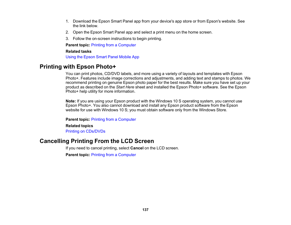 Printing with epson photo, Cancelling printing from the lcd screen | Epson EcoTank Photo ET-8500 Wireless Color All-in-One Supertank Printer User Manual | Page 137 / 346