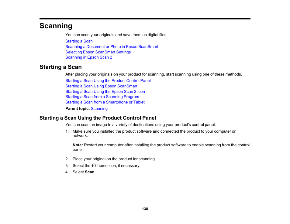 Scanning, Starting a scan, Starting a scan using the product control panel | Epson EcoTank Photo ET-8500 Wireless Color All-in-One Supertank Printer User Manual | Page 138 / 346
