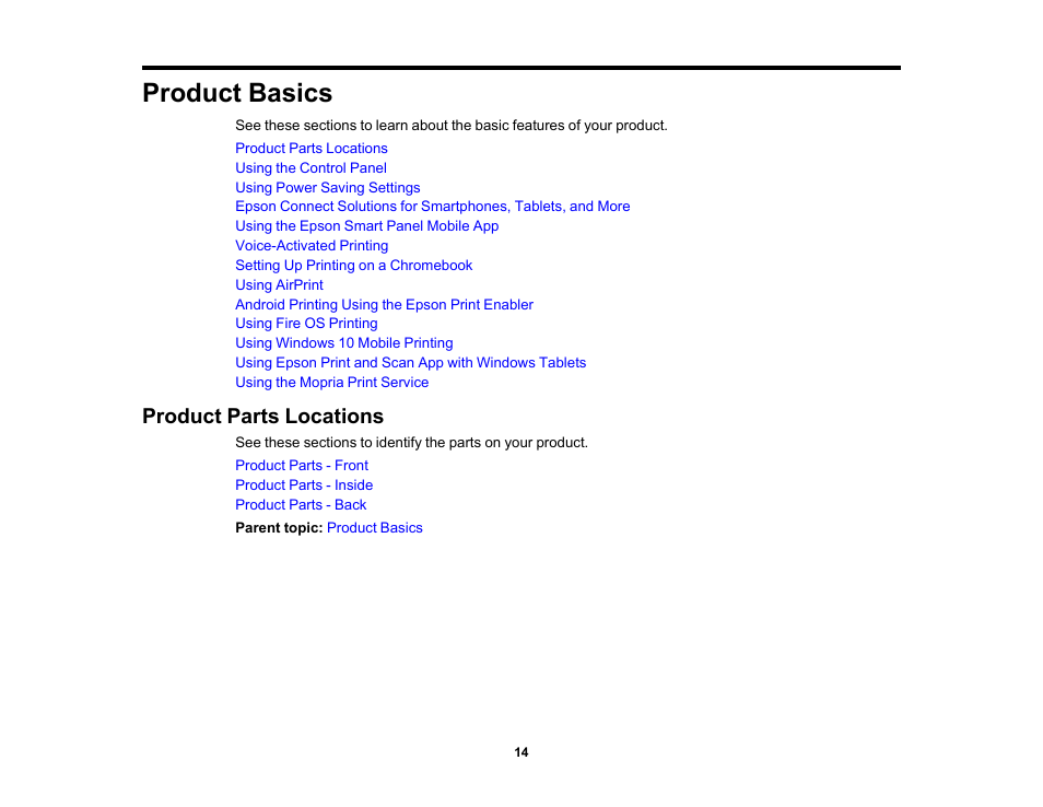 Product basics, Product parts locations | Epson EcoTank Photo ET-8500 Wireless Color All-in-One Supertank Printer User Manual | Page 14 / 346