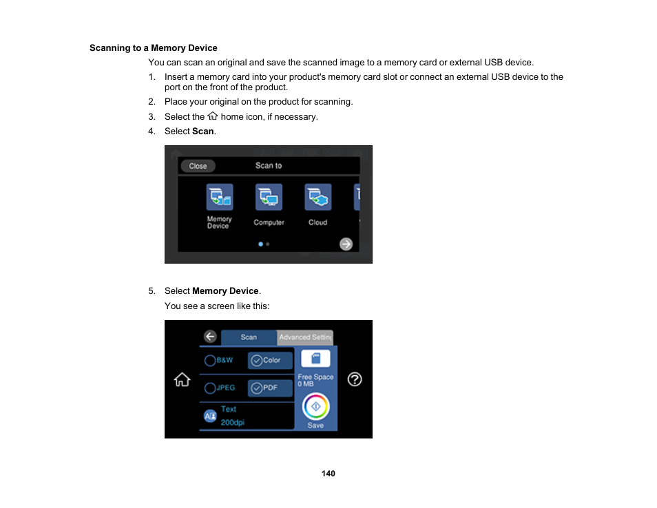 Scanning to a memory device | Epson EcoTank Photo ET-8500 Wireless Color All-in-One Supertank Printer User Manual | Page 140 / 346