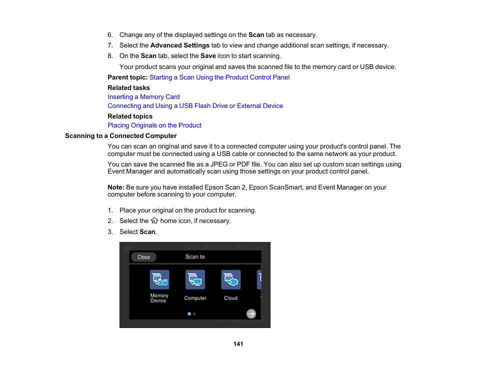 Scanning to a connected computer | Epson EcoTank Photo ET-8500 Wireless Color All-in-One Supertank Printer User Manual | Page 141 / 346