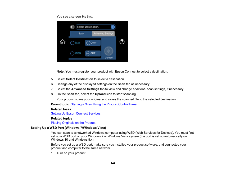 Setting up a wsd port (windows 7/windows vista) | Epson EcoTank Photo ET-8500 Wireless Color All-in-One Supertank Printer User Manual | Page 144 / 346