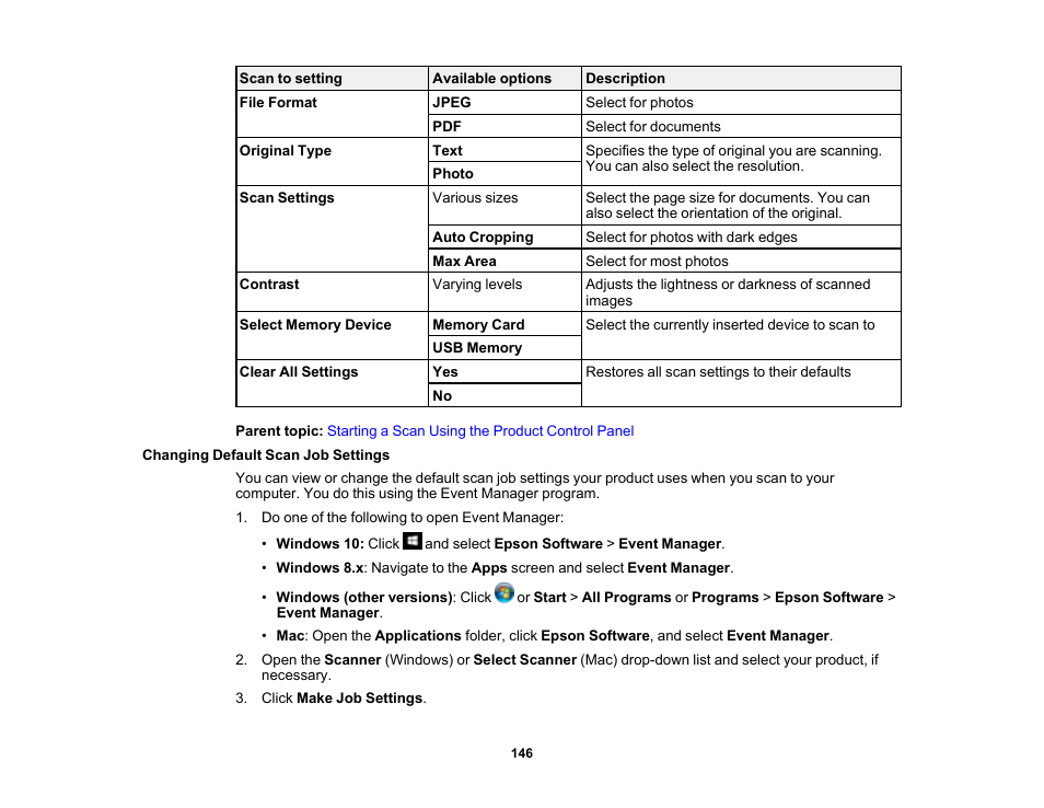 Changing default scan job settings | Epson EcoTank Photo ET-8500 Wireless Color All-in-One Supertank Printer User Manual | Page 146 / 346