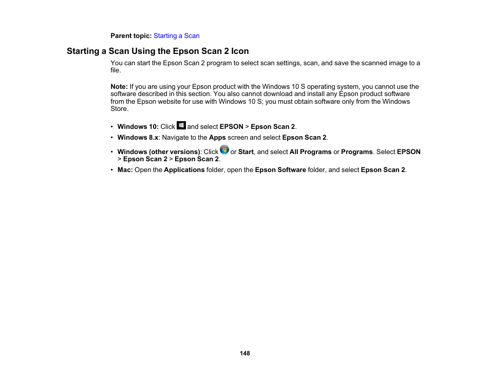 Starting a scan using the epson scan 2 icon | Epson EcoTank Photo ET-8500 Wireless Color All-in-One Supertank Printer User Manual | Page 148 / 346