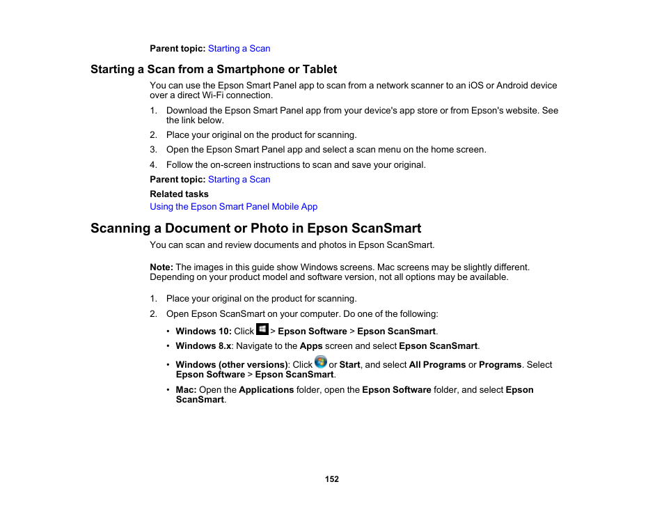 Starting a scan from a smartphone or tablet, Scanning a document or photo in epson scansmart | Epson EcoTank Photo ET-8500 Wireless Color All-in-One Supertank Printer User Manual | Page 152 / 346