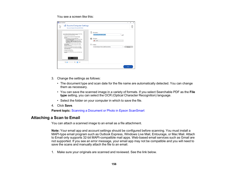 Attaching a scan to email | Epson EcoTank Photo ET-8500 Wireless Color All-in-One Supertank Printer User Manual | Page 156 / 346