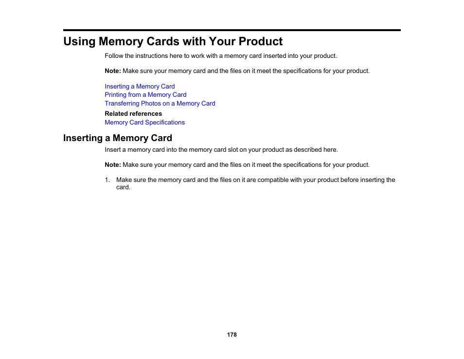 Using memory cards with your product, Inserting a memory card | Epson EcoTank Photo ET-8500 Wireless Color All-in-One Supertank Printer User Manual | Page 178 / 346