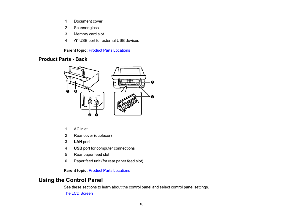 Product parts - back, Using the control panel | Epson EcoTank Photo ET-8500 Wireless Color All-in-One Supertank Printer User Manual | Page 18 / 346