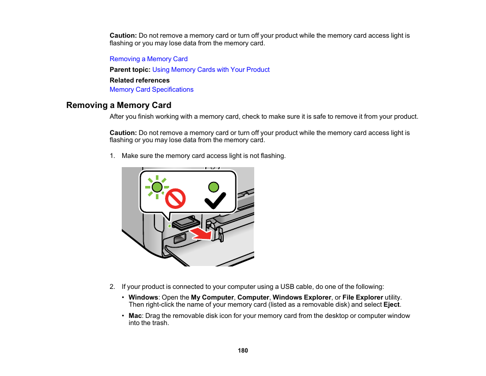 Removing a memory card | Epson EcoTank Photo ET-8500 Wireless Color All-in-One Supertank Printer User Manual | Page 180 / 346