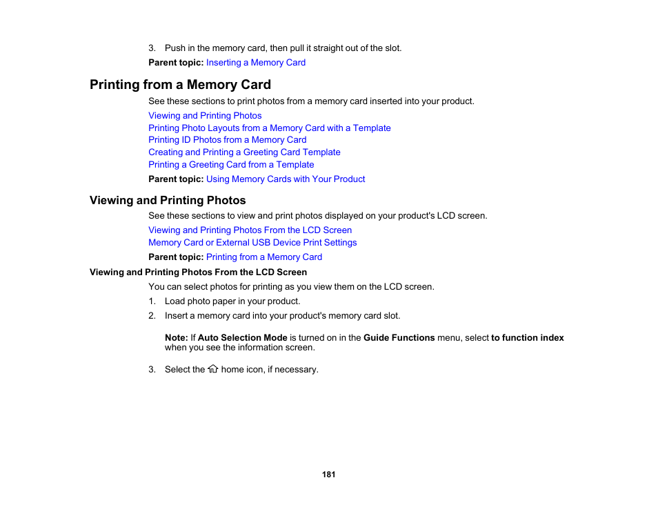 Printing from a memory card, Viewing and printing photos, Viewing and printing photos from the lcd screen | Epson EcoTank Photo ET-8500 Wireless Color All-in-One Supertank Printer User Manual | Page 181 / 346