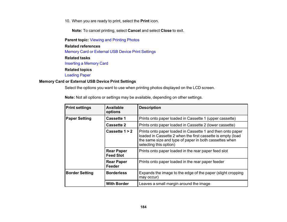 Memory card or external usb device print settings | Epson EcoTank Photo ET-8500 Wireless Color All-in-One Supertank Printer User Manual | Page 184 / 346