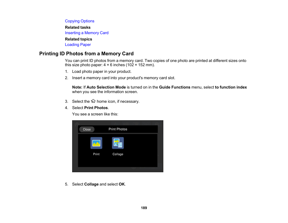 Printing id photos from a memory card | Epson EcoTank Photo ET-8500 Wireless Color All-in-One Supertank Printer User Manual | Page 189 / 346