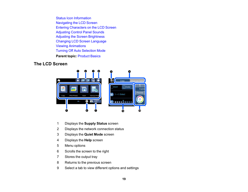 The lcd screen | Epson EcoTank Photo ET-8500 Wireless Color All-in-One Supertank Printer User Manual | Page 19 / 346