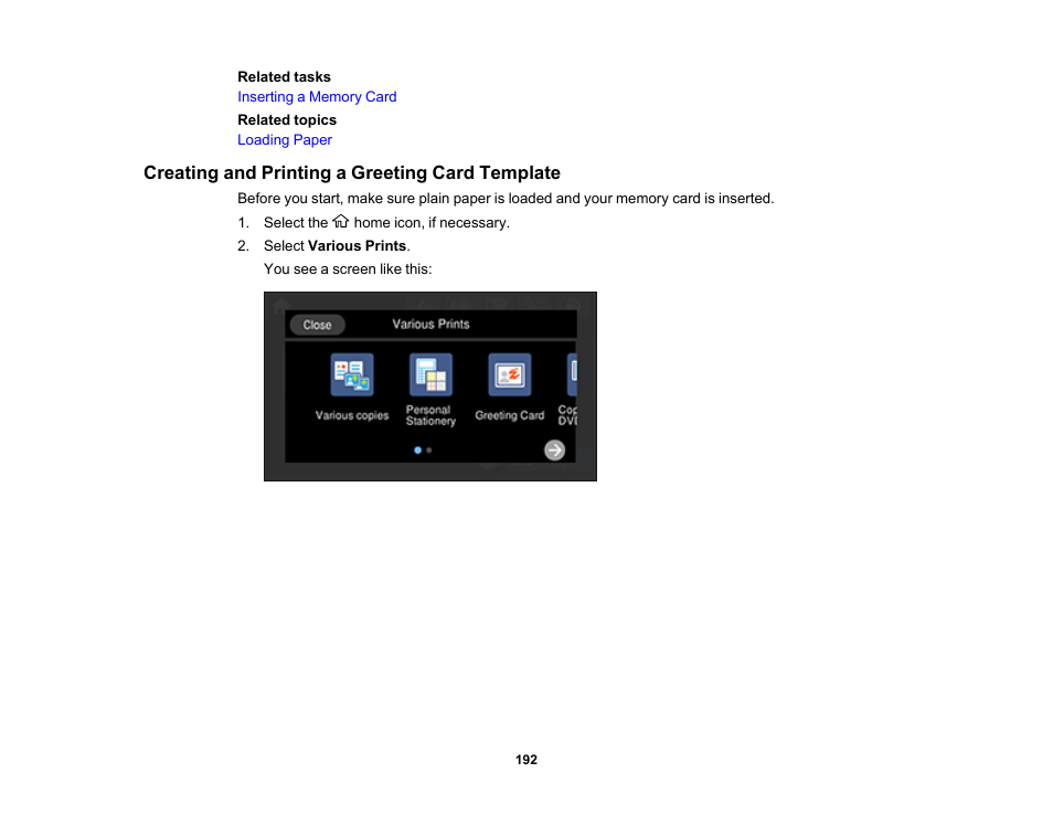 Creating and printing a greeting card template | Epson EcoTank Photo ET-8500 Wireless Color All-in-One Supertank Printer User Manual | Page 192 / 346