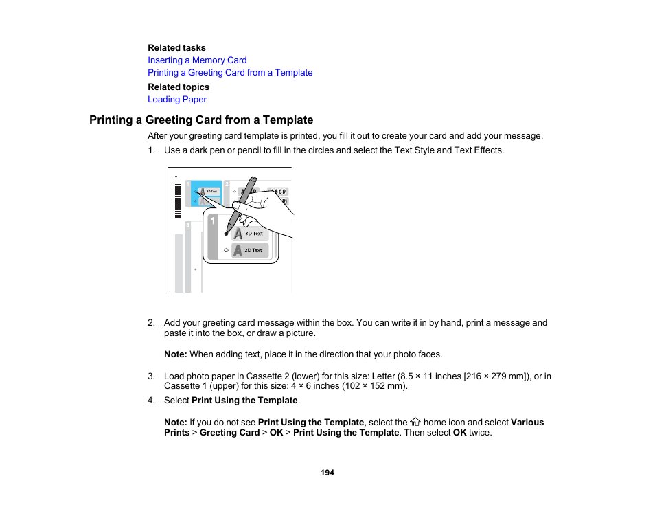 Printing a greeting card from a template | Epson EcoTank Photo ET-8500 Wireless Color All-in-One Supertank Printer User Manual | Page 194 / 346