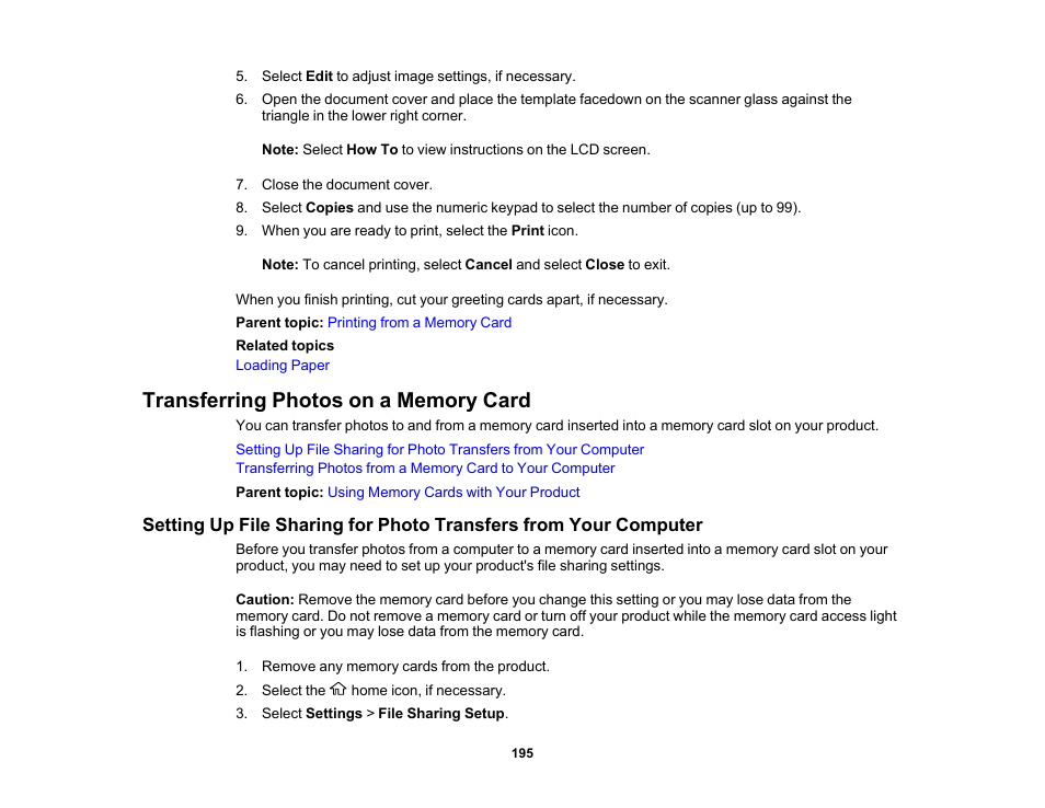 Transferring photos on a memory card | Epson EcoTank Photo ET-8500 Wireless Color All-in-One Supertank Printer User Manual | Page 195 / 346