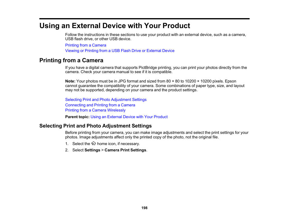 Using an external device with your product, Printing from a camera, Selecting print and photo adjustment settings | Epson EcoTank Photo ET-8500 Wireless Color All-in-One Supertank Printer User Manual | Page 198 / 346