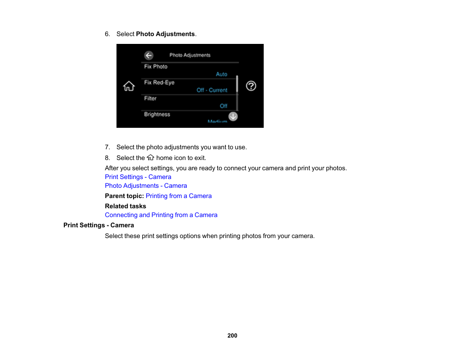 Print settings - camera | Epson EcoTank Photo ET-8500 Wireless Color All-in-One Supertank Printer User Manual | Page 200 / 346