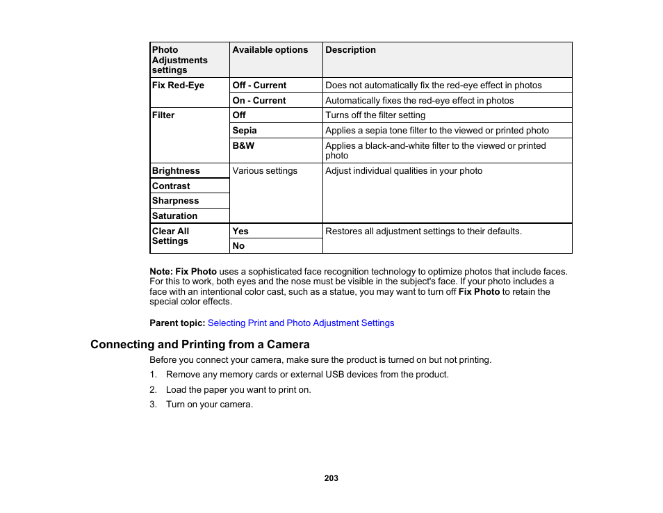 Connecting and printing from a camera | Epson EcoTank Photo ET-8500 Wireless Color All-in-One Supertank Printer User Manual | Page 203 / 346
