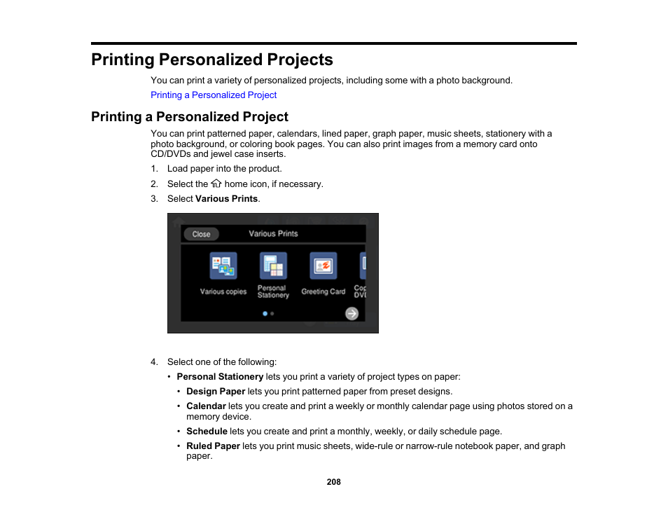 Printing personalized projects, Printing a personalized project | Epson EcoTank Photo ET-8500 Wireless Color All-in-One Supertank Printer User Manual | Page 208 / 346