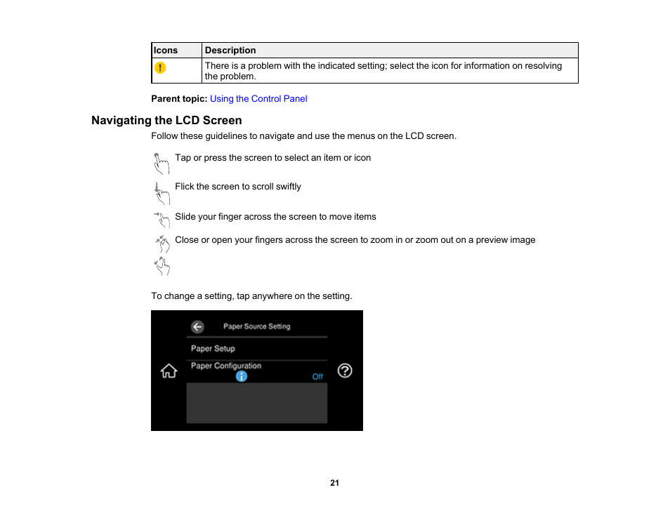 Navigating the lcd screen | Epson EcoTank Photo ET-8500 Wireless Color All-in-One Supertank Printer User Manual | Page 21 / 346