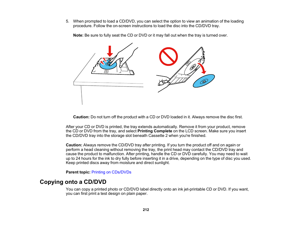 Copying onto a cd/dvd | Epson EcoTank Photo ET-8500 Wireless Color All-in-One Supertank Printer User Manual | Page 212 / 346