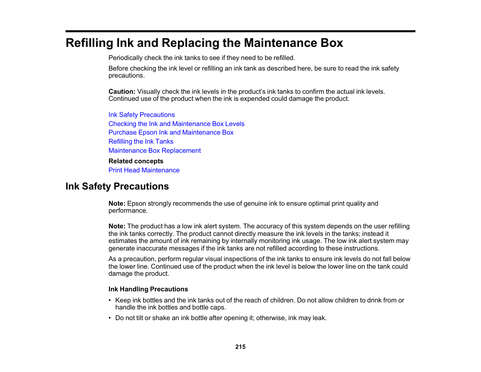 Refilling ink and replacing the maintenance box, Ink safety precautions | Epson EcoTank Photo ET-8500 Wireless Color All-in-One Supertank Printer User Manual | Page 215 / 346