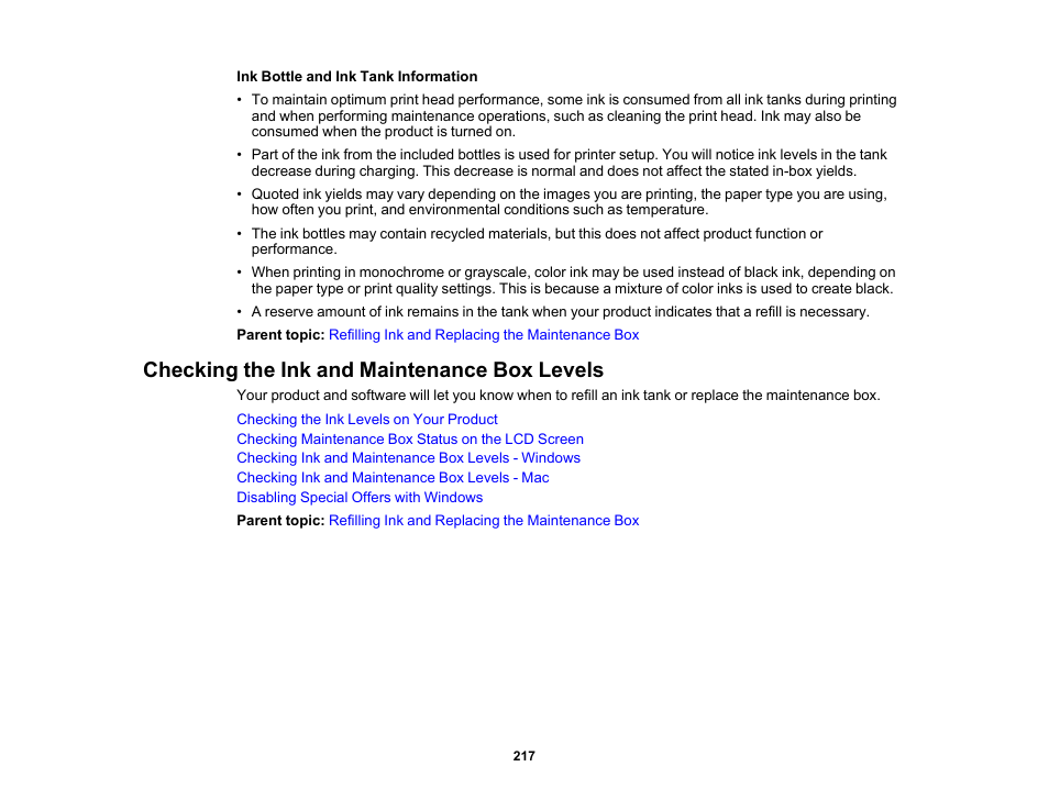 Checking the ink and maintenance box levels | Epson EcoTank Photo ET-8500 Wireless Color All-in-One Supertank Printer User Manual | Page 217 / 346