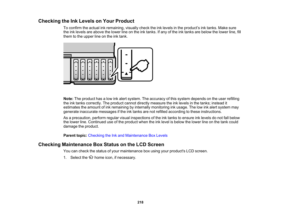 Checking the ink levels on your product, Checking maintenance box status on the lcd screen | Epson EcoTank Photo ET-8500 Wireless Color All-in-One Supertank Printer User Manual | Page 218 / 346
