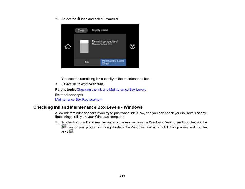 Checking ink and maintenance box levels - windows | Epson EcoTank Photo ET-8500 Wireless Color All-in-One Supertank Printer User Manual | Page 219 / 346