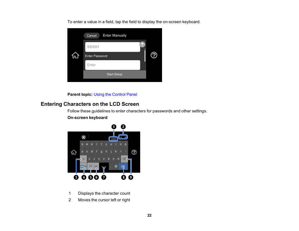 Entering characters on the lcd screen | Epson EcoTank Photo ET-8500 Wireless Color All-in-One Supertank Printer User Manual | Page 22 / 346
