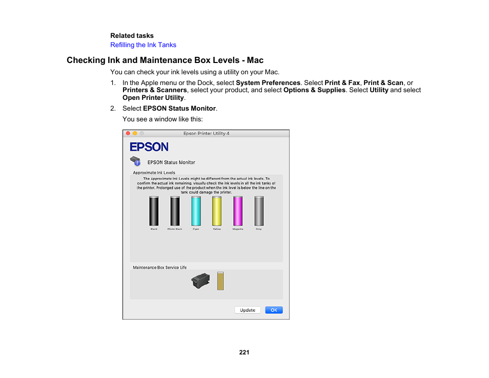 Checking ink and maintenance box levels - mac | Epson EcoTank Photo ET-8500 Wireless Color All-in-One Supertank Printer User Manual | Page 221 / 346