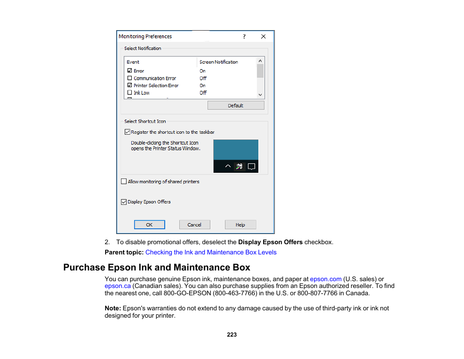 Purchase epson ink and maintenance box | Epson EcoTank Photo ET-8500 Wireless Color All-in-One Supertank Printer User Manual | Page 223 / 346