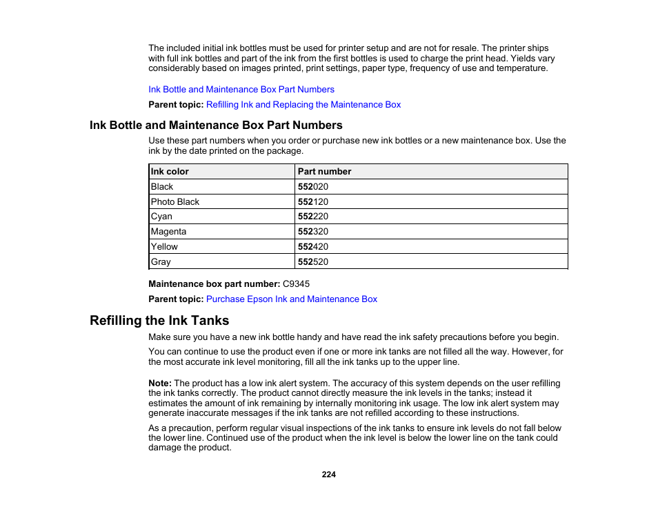 Ink bottle and maintenance box part numbers, Refilling the ink tanks | Epson EcoTank Photo ET-8500 Wireless Color All-in-One Supertank Printer User Manual | Page 224 / 346