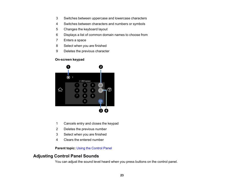 Adjusting control panel sounds | Epson EcoTank Photo ET-8500 Wireless Color All-in-One Supertank Printer User Manual | Page 23 / 346