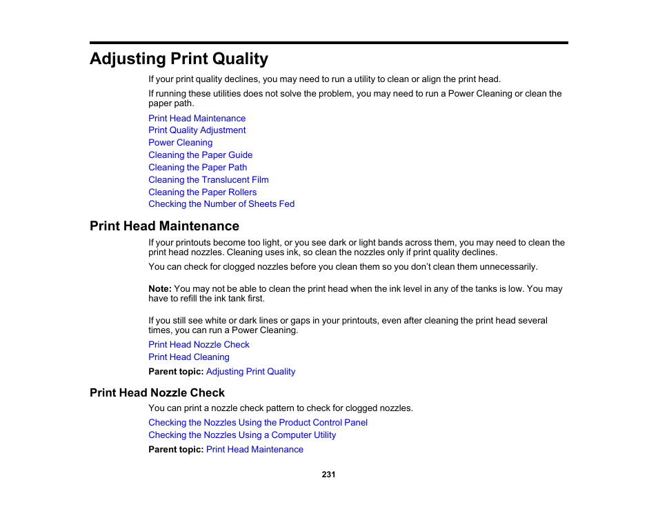 Adjusting print quality, Print head maintenance, Print head nozzle check | Epson EcoTank Photo ET-8500 Wireless Color All-in-One Supertank Printer User Manual | Page 231 / 346