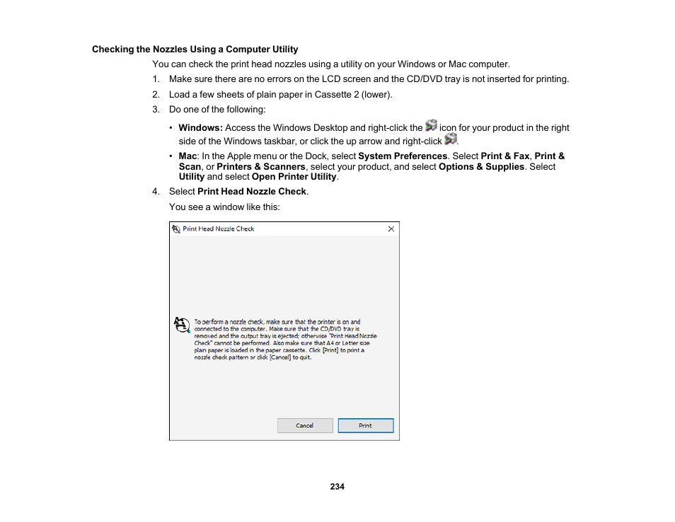 Checking the nozzles using a computer utility | Epson EcoTank Photo ET-8500 Wireless Color All-in-One Supertank Printer User Manual | Page 234 / 346