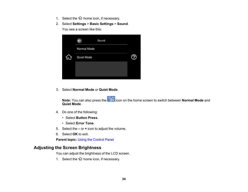 Adjusting the screen brightness | Epson EcoTank Photo ET-8500 Wireless Color All-in-One Supertank Printer User Manual | Page 24 / 346