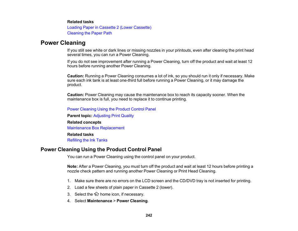 Power cleaning, Power cleaning using the product control panel | Epson EcoTank Photo ET-8500 Wireless Color All-in-One Supertank Printer User Manual | Page 242 / 346