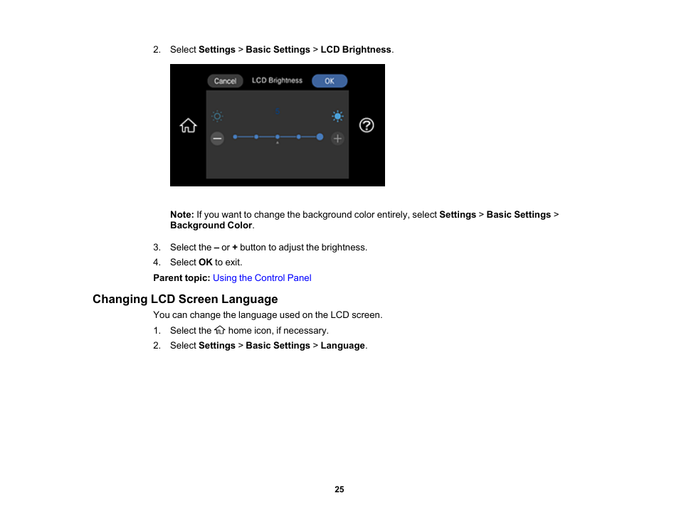 Changing lcd screen language | Epson EcoTank Photo ET-8500 Wireless Color All-in-One Supertank Printer User Manual | Page 25 / 346