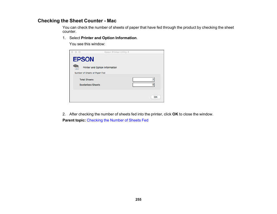 Checking the sheet counter - mac | Epson EcoTank Photo ET-8500 Wireless Color All-in-One Supertank Printer User Manual | Page 255 / 346