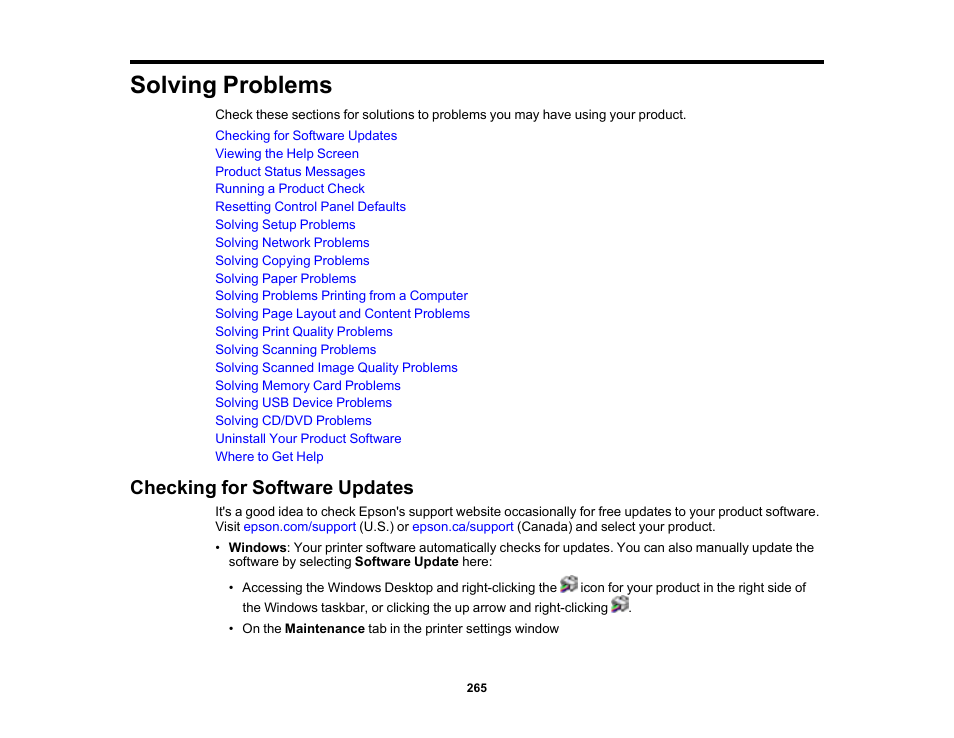 Solving problems, Checking for software updates | Epson EcoTank Photo ET-8500 Wireless Color All-in-One Supertank Printer User Manual | Page 265 / 346