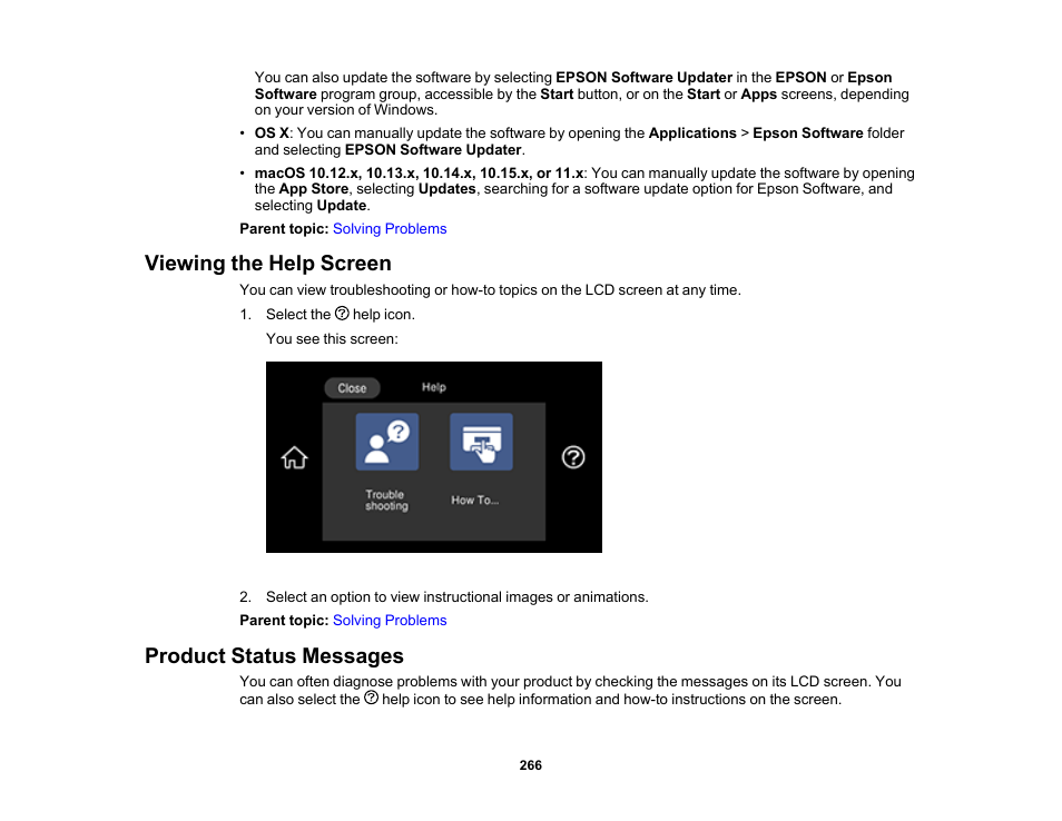 Viewing the help screen, Product status messages, Viewing the help screen product status messages | Epson EcoTank Photo ET-8500 Wireless Color All-in-One Supertank Printer User Manual | Page 266 / 346
