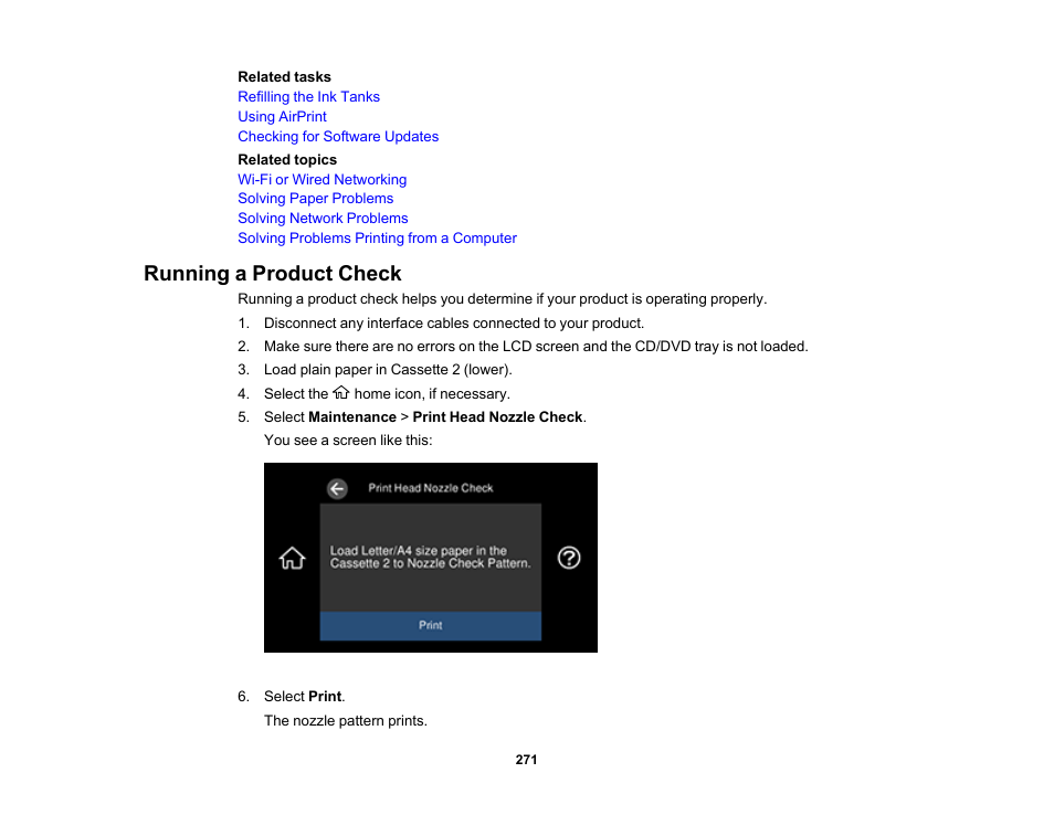 Running a product check | Epson EcoTank Photo ET-8500 Wireless Color All-in-One Supertank Printer User Manual | Page 271 / 346