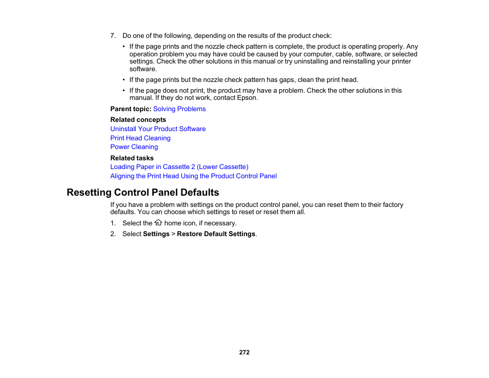 Resetting control panel defaults | Epson EcoTank Photo ET-8500 Wireless Color All-in-One Supertank Printer User Manual | Page 272 / 346