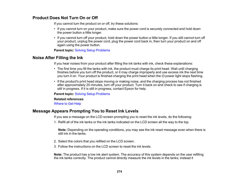 Product does not turn on or off, Noise after filling the ink, Message appears prompting you to reset ink levels | Epson EcoTank Photo ET-8500 Wireless Color All-in-One Supertank Printer User Manual | Page 274 / 346