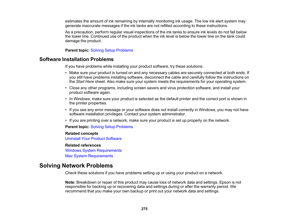 Software installation problems, Solving network problems | Epson EcoTank Photo ET-8500 Wireless Color All-in-One Supertank Printer User Manual | Page 275 / 346