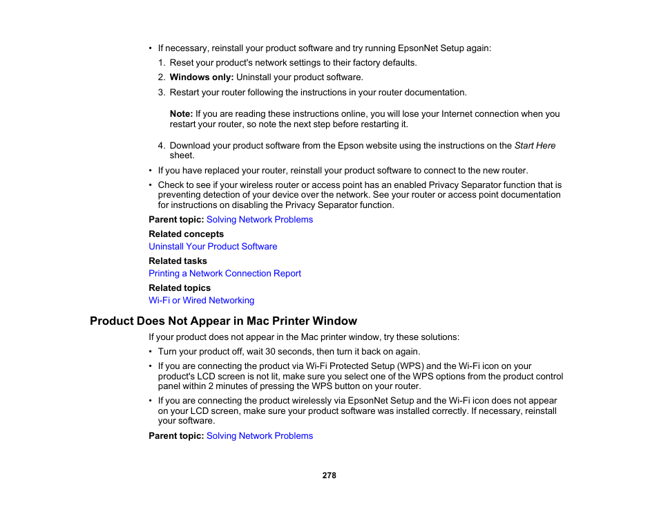 Product does not appear in mac printer window | Epson EcoTank Photo ET-8500 Wireless Color All-in-One Supertank Printer User Manual | Page 278 / 346
