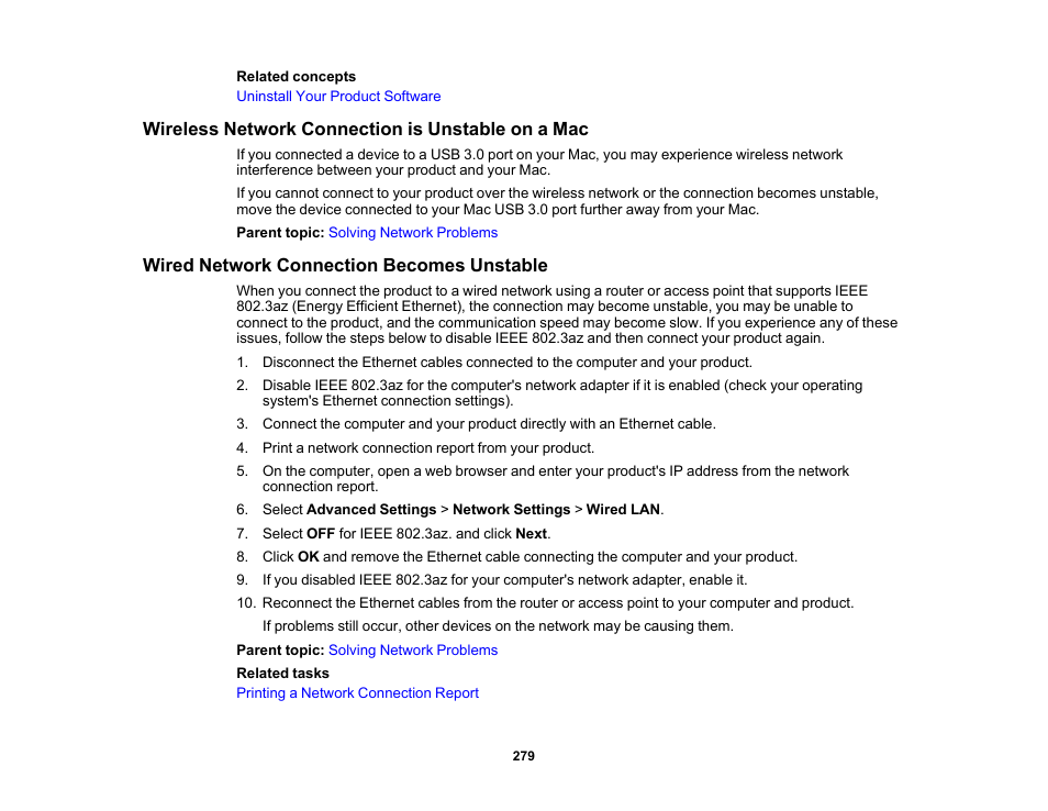 Wireless network connection is unstable on a mac, Wired network connection becomes unstable | Epson EcoTank Photo ET-8500 Wireless Color All-in-One Supertank Printer User Manual | Page 279 / 346
