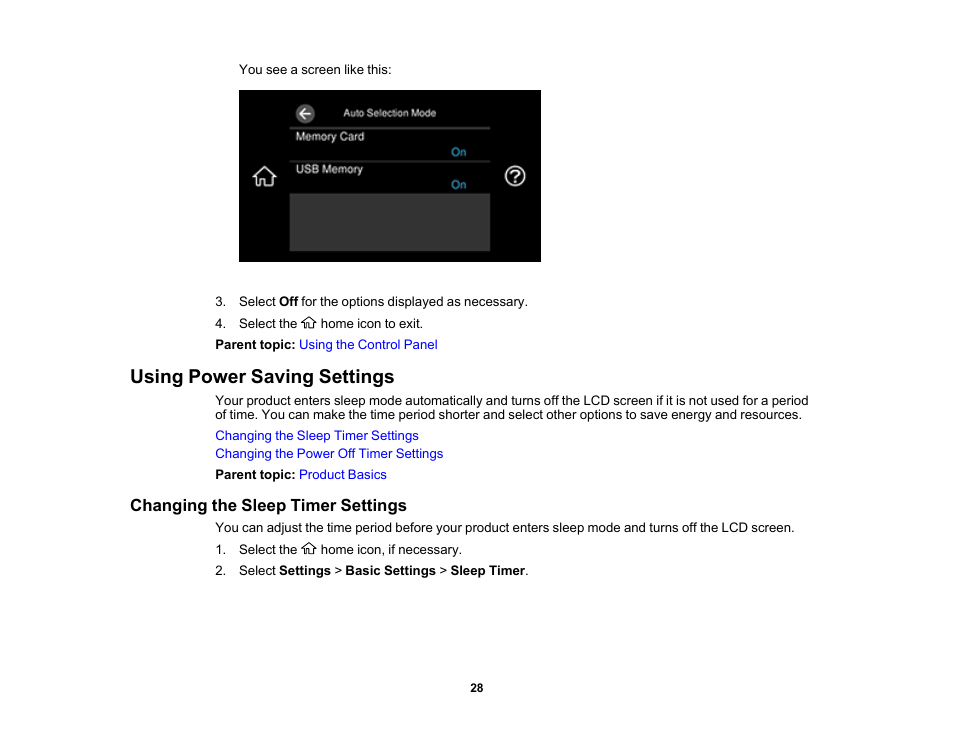 Using power saving settings, Changing the sleep timer settings | Epson EcoTank Photo ET-8500 Wireless Color All-in-One Supertank Printer User Manual | Page 28 / 346